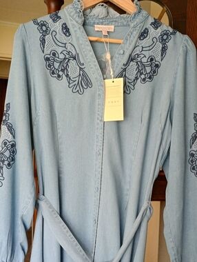 Secret Mission Lynn Embroidered Denim Maxi Dress Ruffle Neck Long Sleeve NWT M